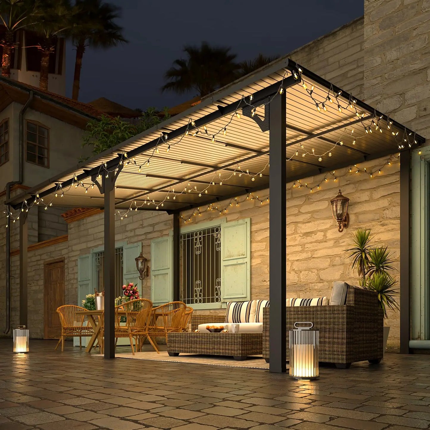 Hard Top Lean-To Gazebo Pergola With Wall-Mounted Roof