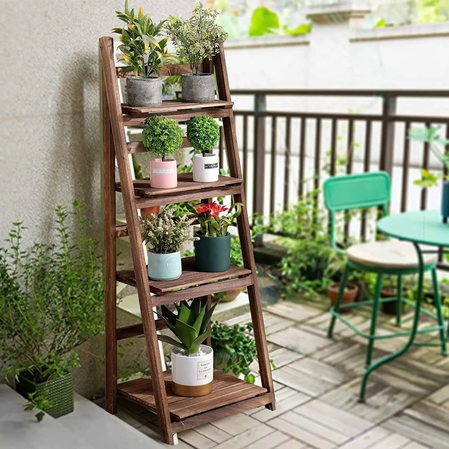 Folding Four Tier Ladder Shelf Wooden Storage Rack Plant Display Living Room