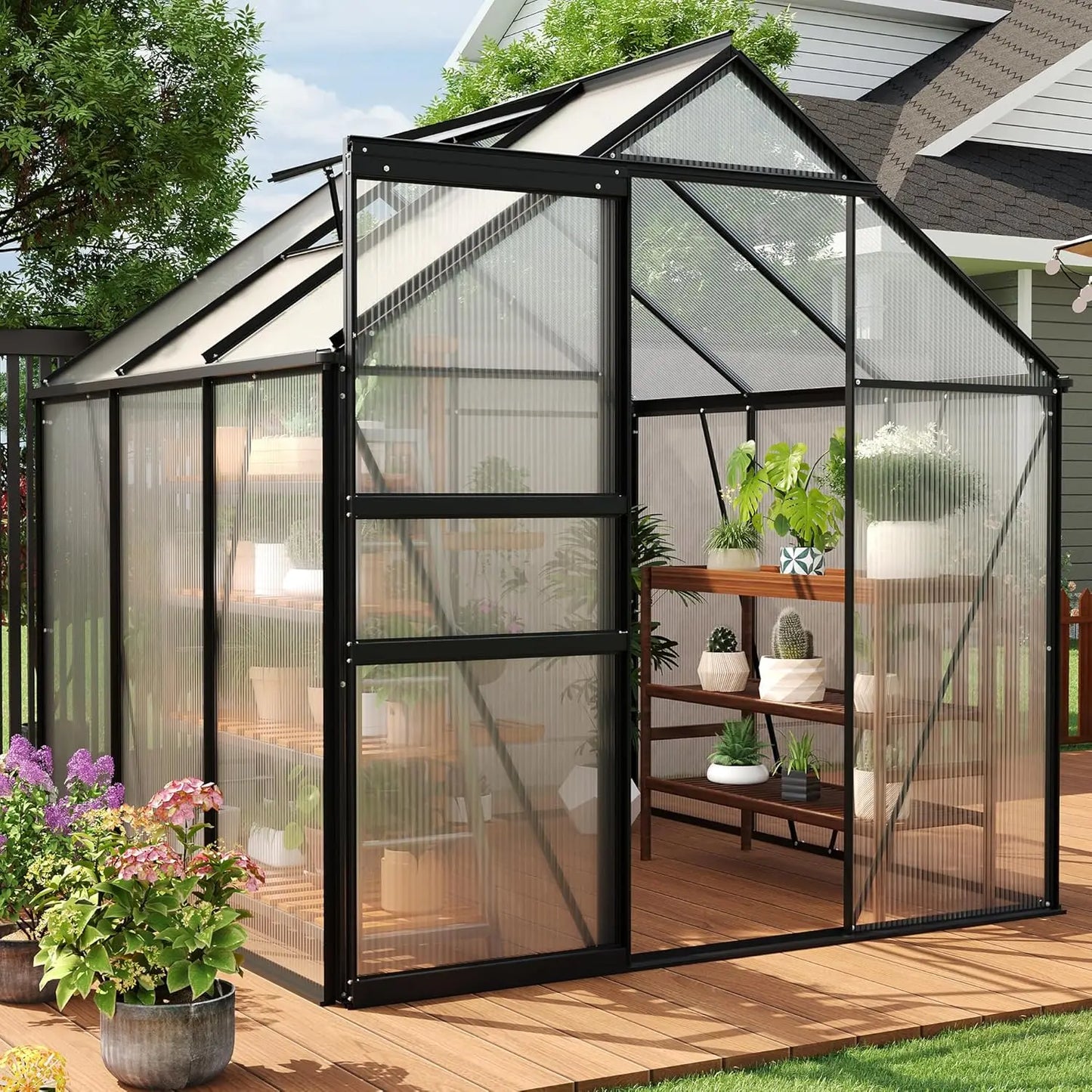 6x6 Ft Outdoor Greenhouse Polycarbonate With Adjustable Roof Vent And Door