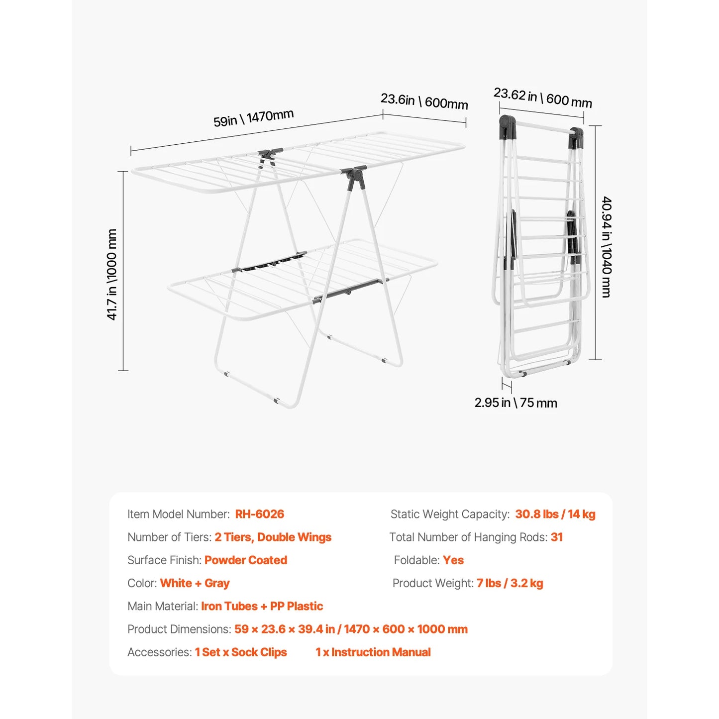 Foldable Clothes Drying Rack With Sock Clips Height Adjustable Iron