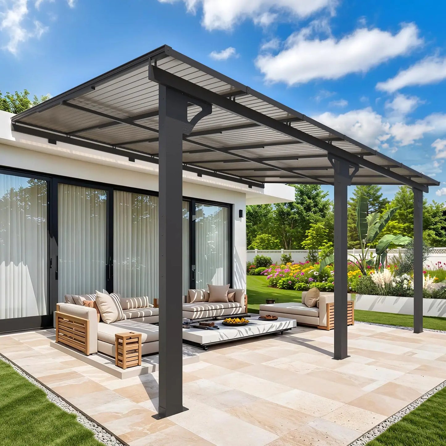 Hard Top Lean-To Gazebo Pergola With Wall-Mounted Roof