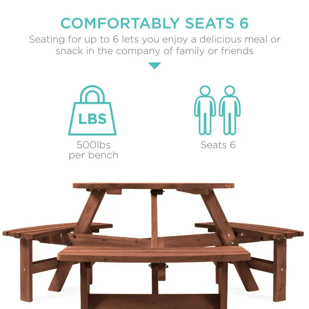 Circular Outdoor Wooden Picnic Table With Built In Benches