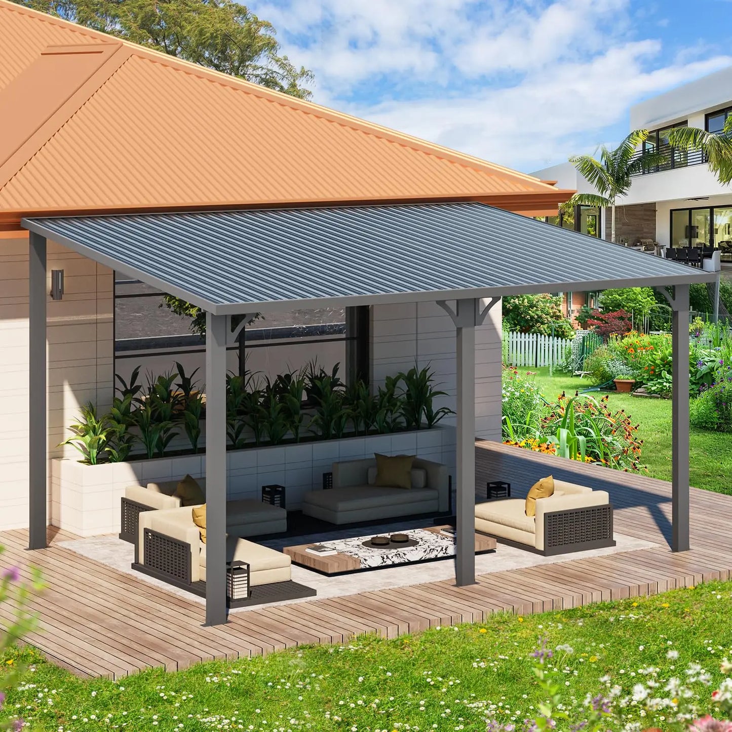 Hard Top Lean-To Gazebo Pergola With Wall-Mounted Roof