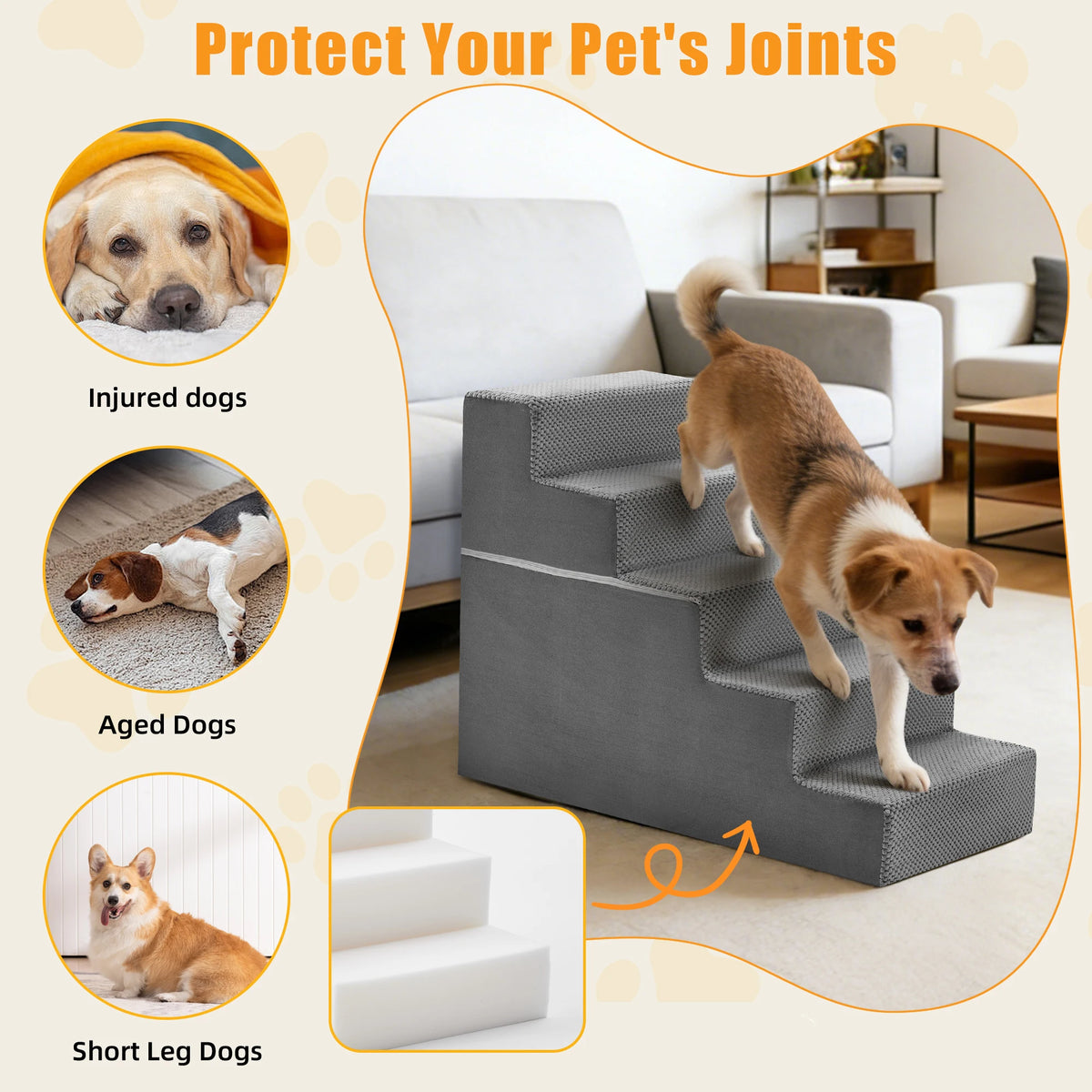 Curved Foam Dog Ramp Stairs With Non Slip Indoor Steps