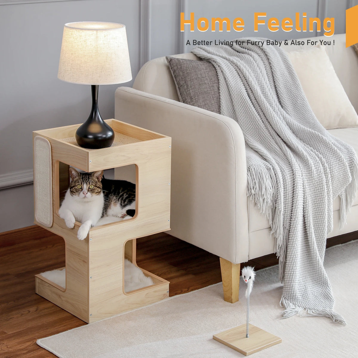 PAWZ Road Wooden Cat Condo House Bed With Scratching Pad