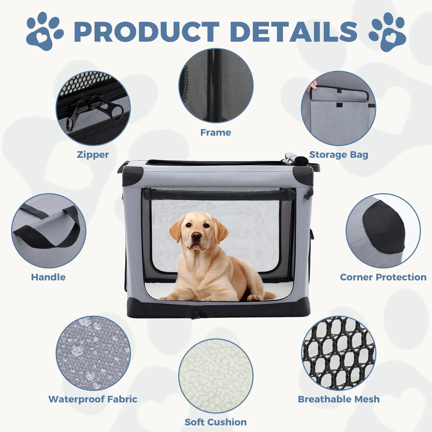 JHK Foldable Dog Crate Indoor 3 Doors 600D Oxford Fabric