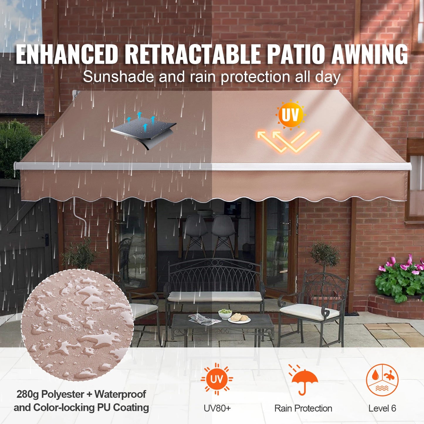 SucceBuy Manual Retractable Awning Outdoor Sun Shade Water Resistant