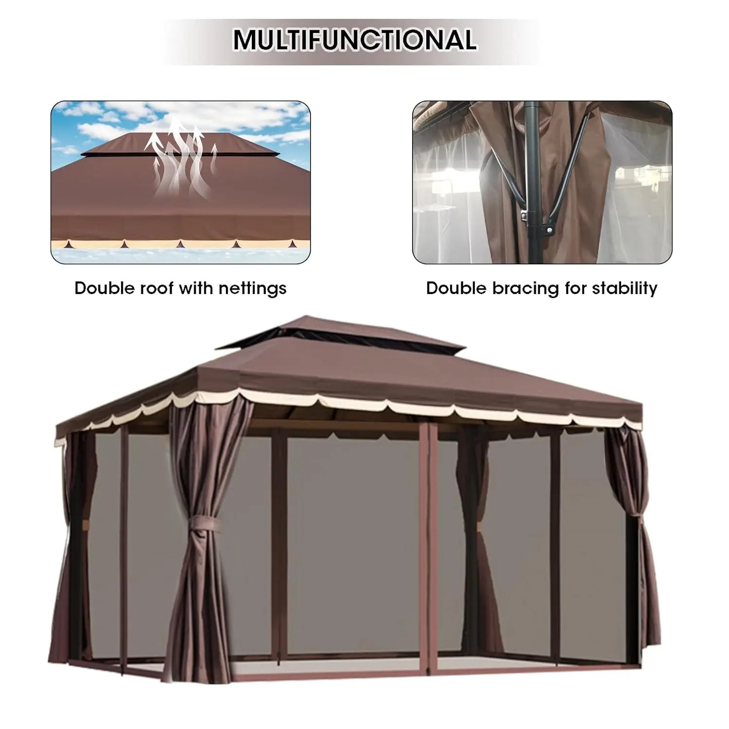 Outdoor Gazebo Heavy Duty Double Roofs Mosquito Netting And Curtains