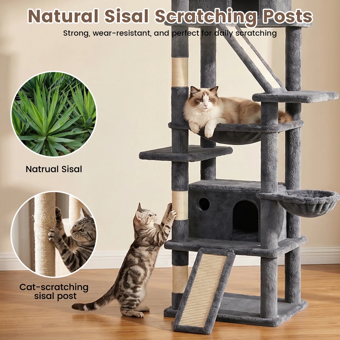 Cat Tower With Anti-Tip Base Hammock And Private Condos