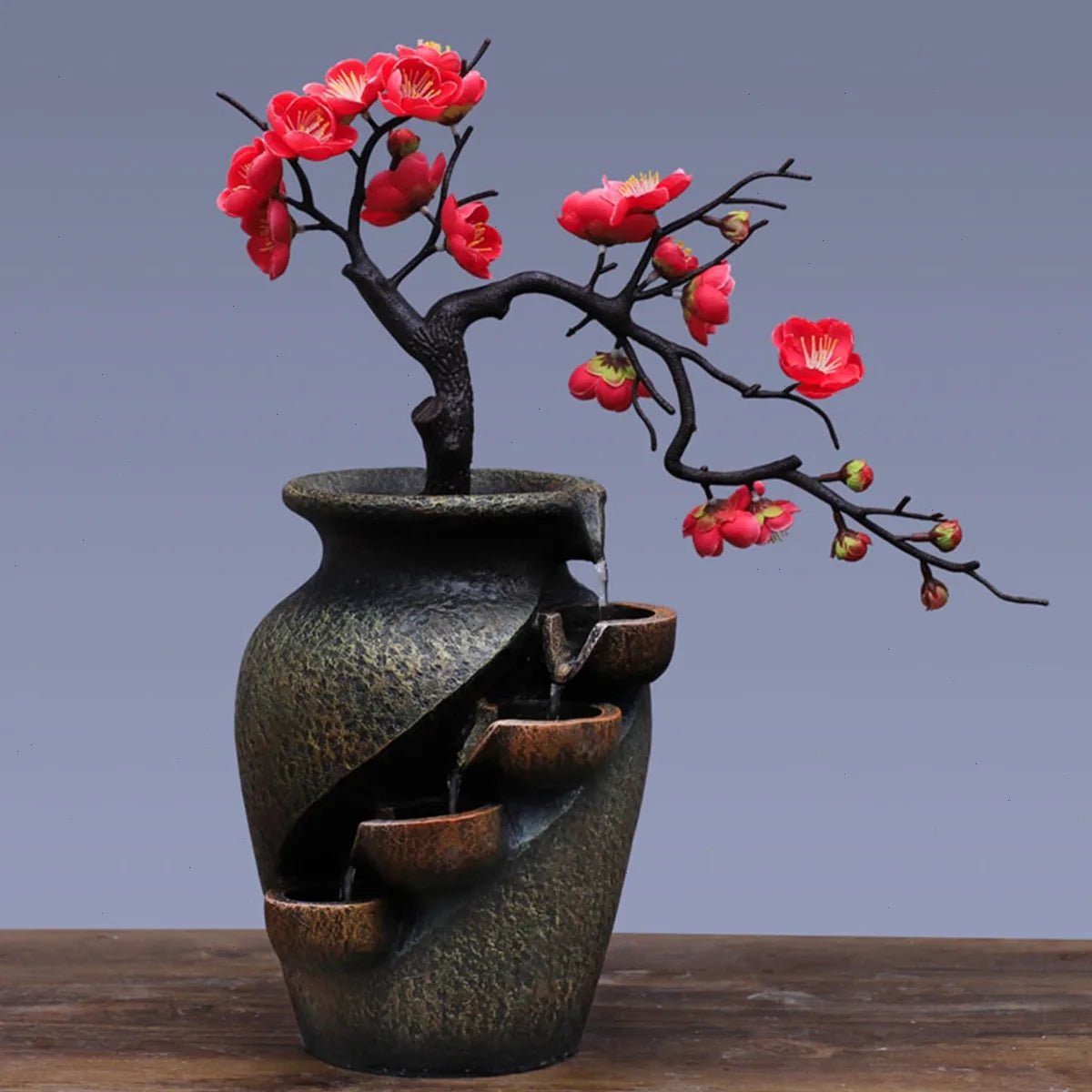 Bymaocar Decorative Tabletop Fountain With Simulated Flowers Quiet Pump