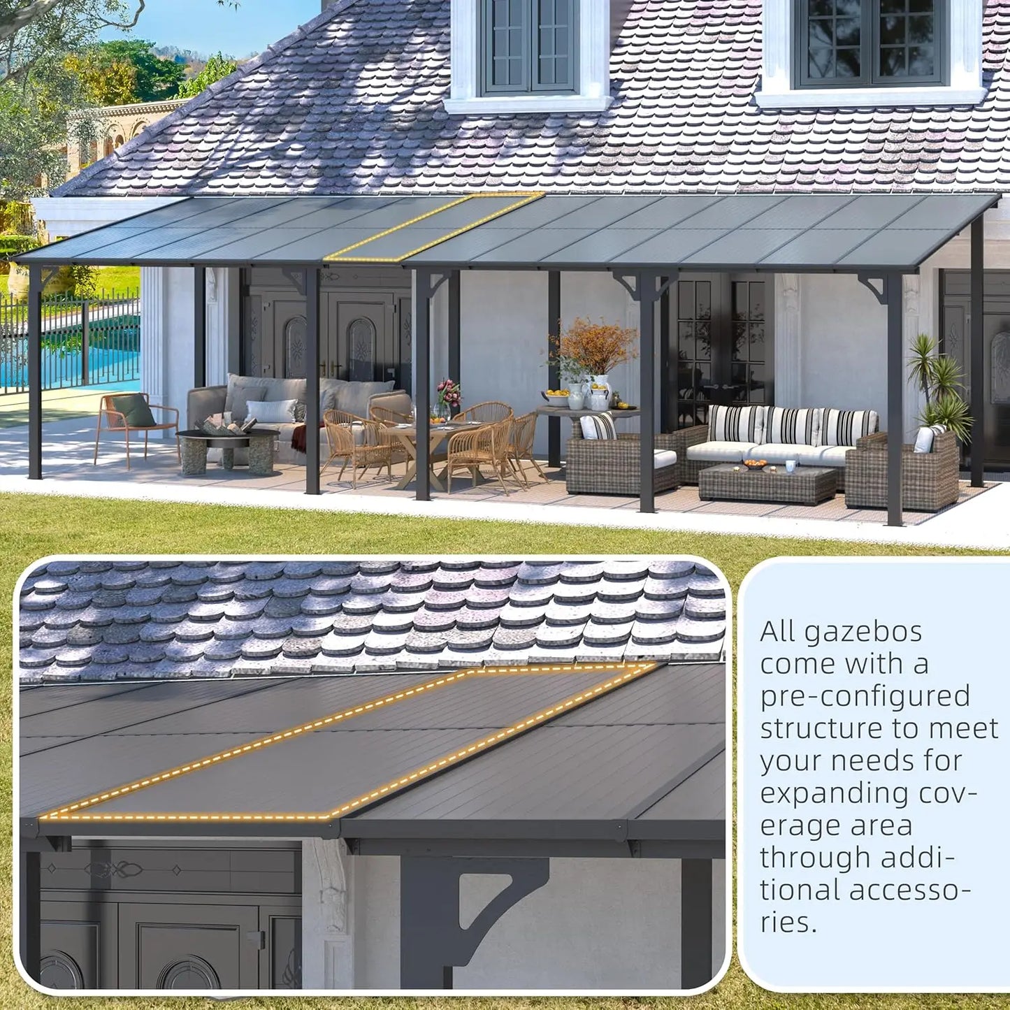 Durable Wall Gazebo With Hard Top For Outdoor Patio Deck