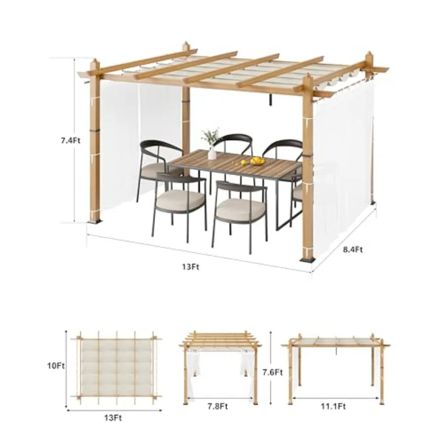 Retractable Outdoor Pergola With Canopy And Side Mesh, Wood-Grain Aluminum