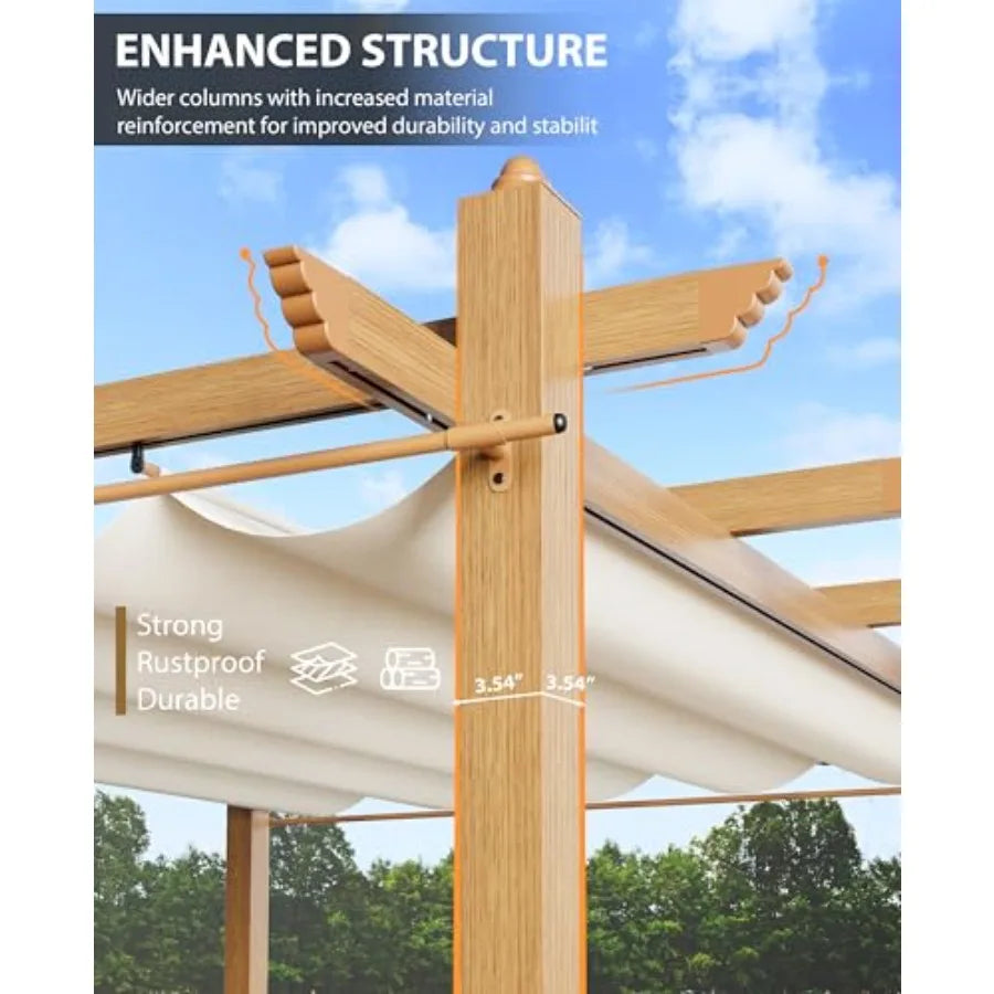 Retractable Outdoor Pergola With Canopy And Side Mesh, Wood-Grain Aluminum
