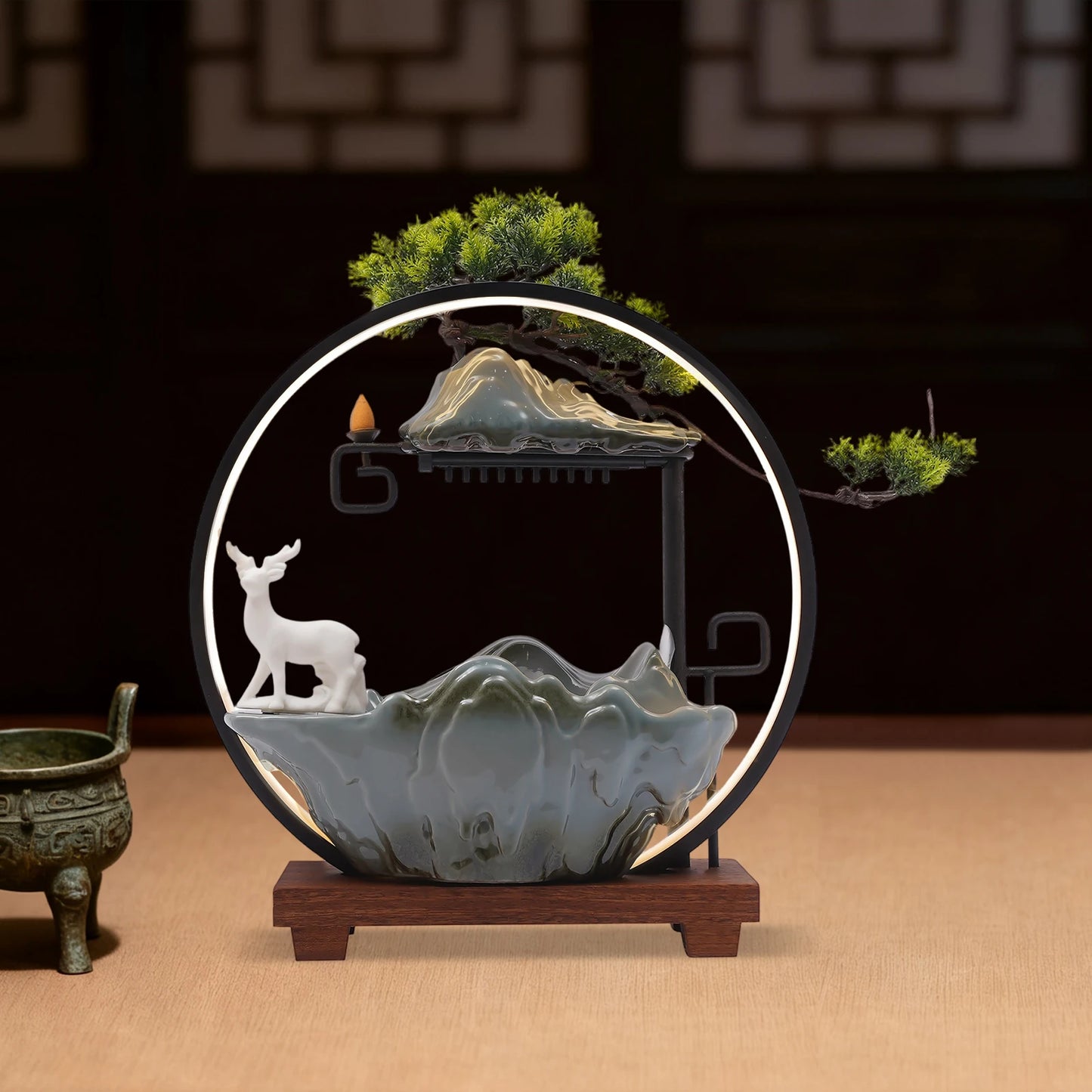 Ceramic Tabletop Fountain With Mist LED Deer Figurine Feng Shui