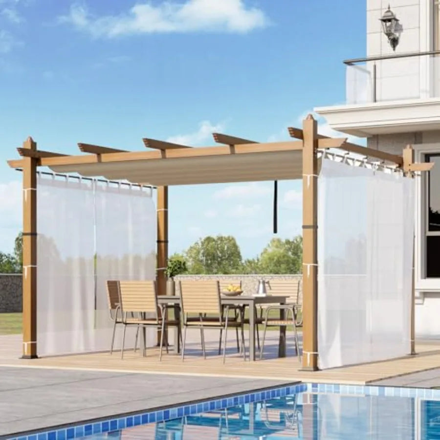 Retractable Outdoor Pergola With Canopy And Side Mesh, Wood-Grain Aluminum