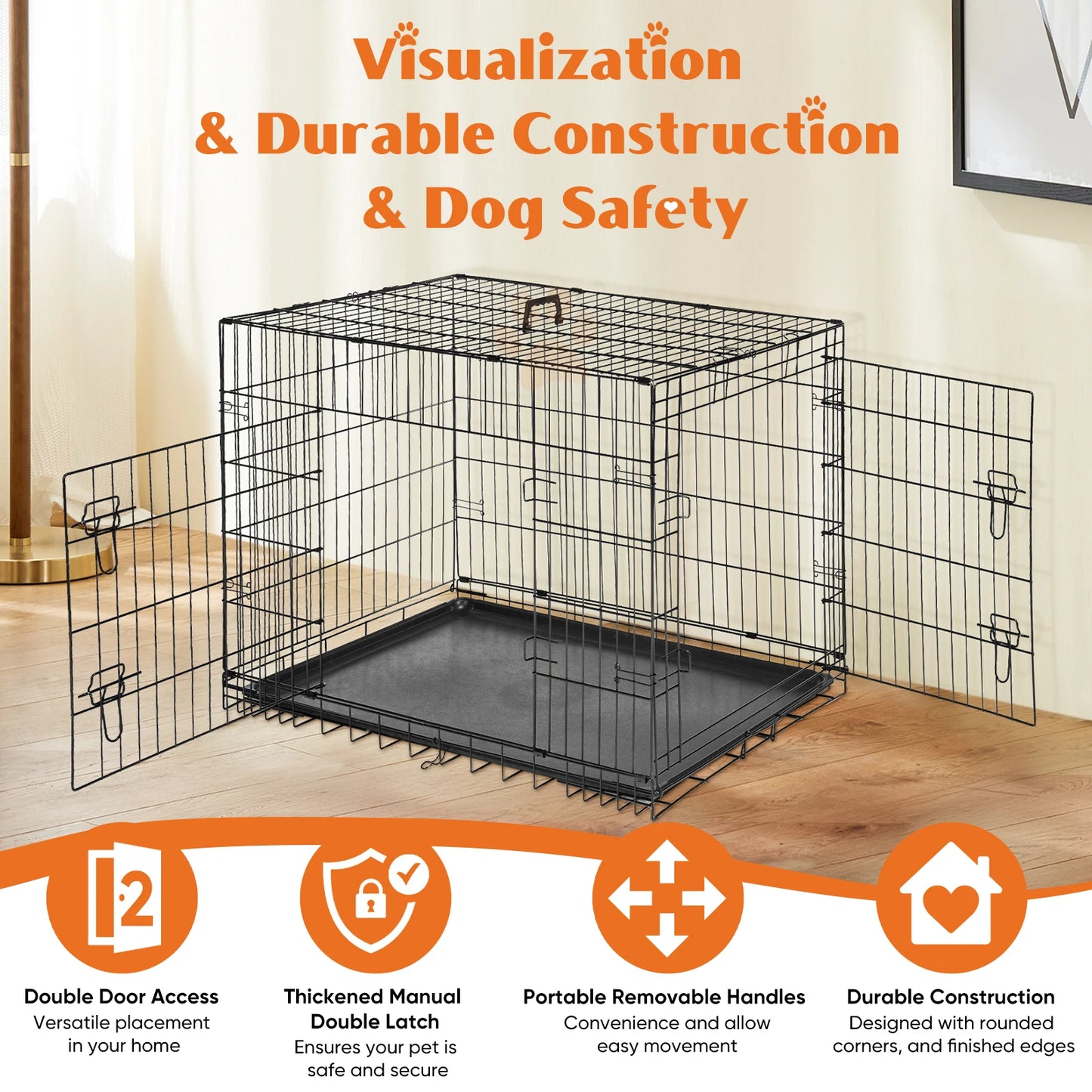 JHK Double Door Folding Metal Dog Cage With Durable Tray