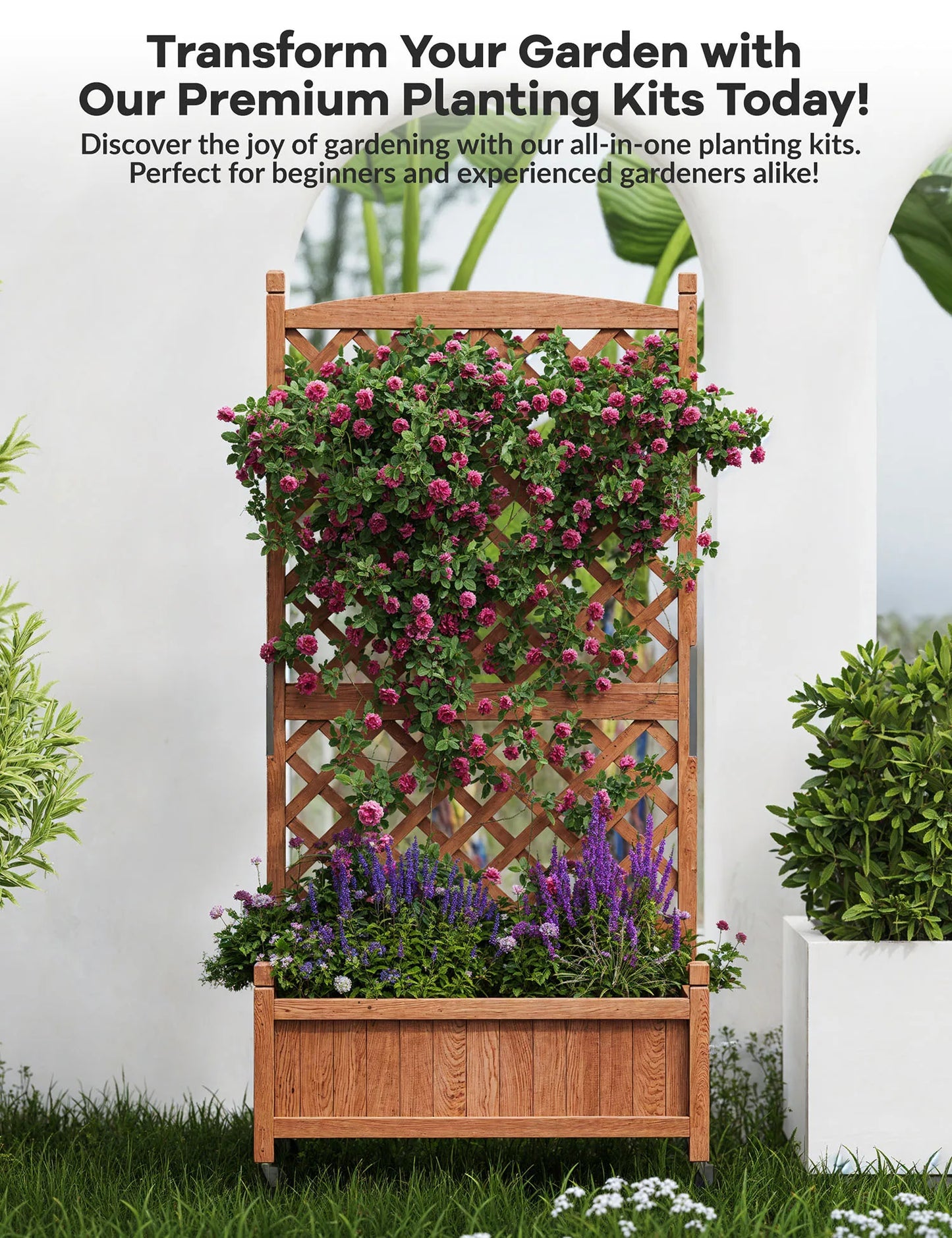 TWISTER.CK Wood Planter Box With Trellis Wheels