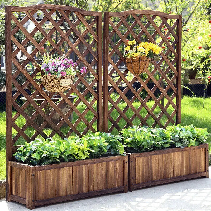 Raised Wooden Garden Bed Planter Box With Trellis For Vegetables