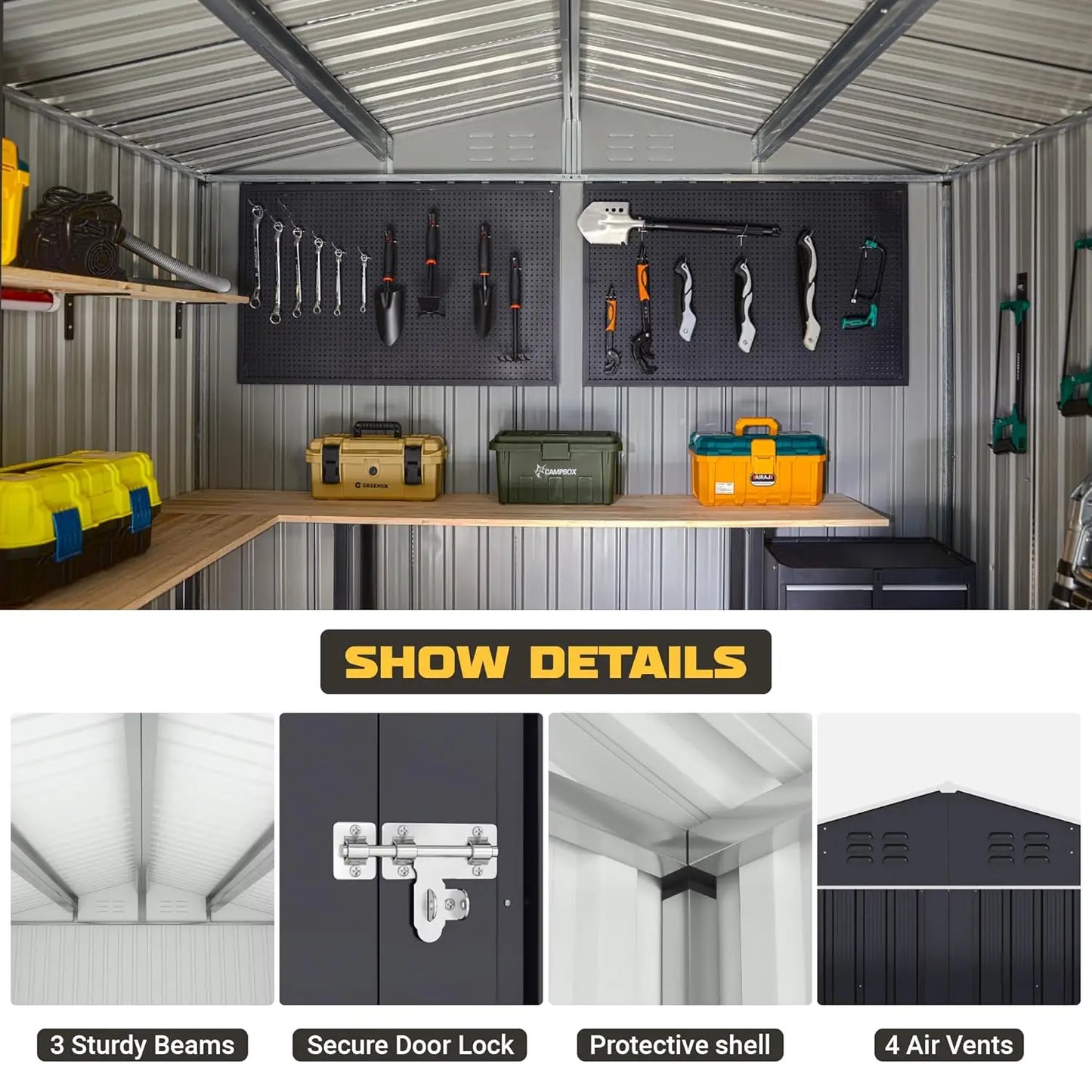 Outdoor Metal Storage Shed Waterproof With Reinforced Frame Backyard Use