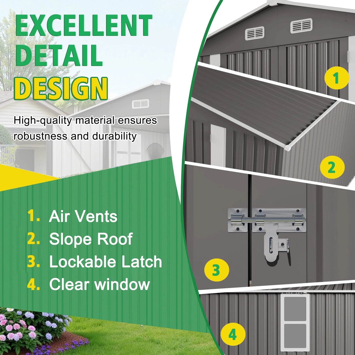 SUSUA Outdoor Metal Storage Shed With Double Door Waterproof