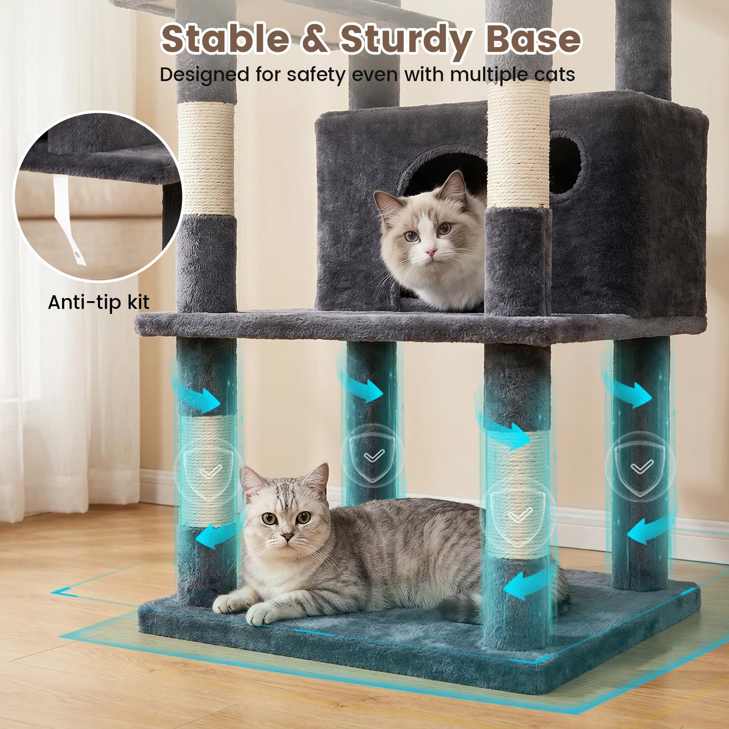 Cat Tower With Anti-Tip Base Hammock And Private Condos