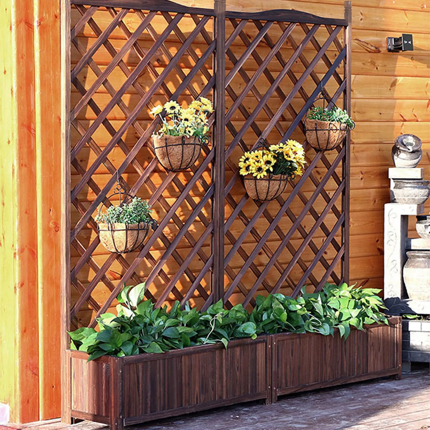 Raised Wooden Garden Bed Planter Box With Trellis For Vegetables