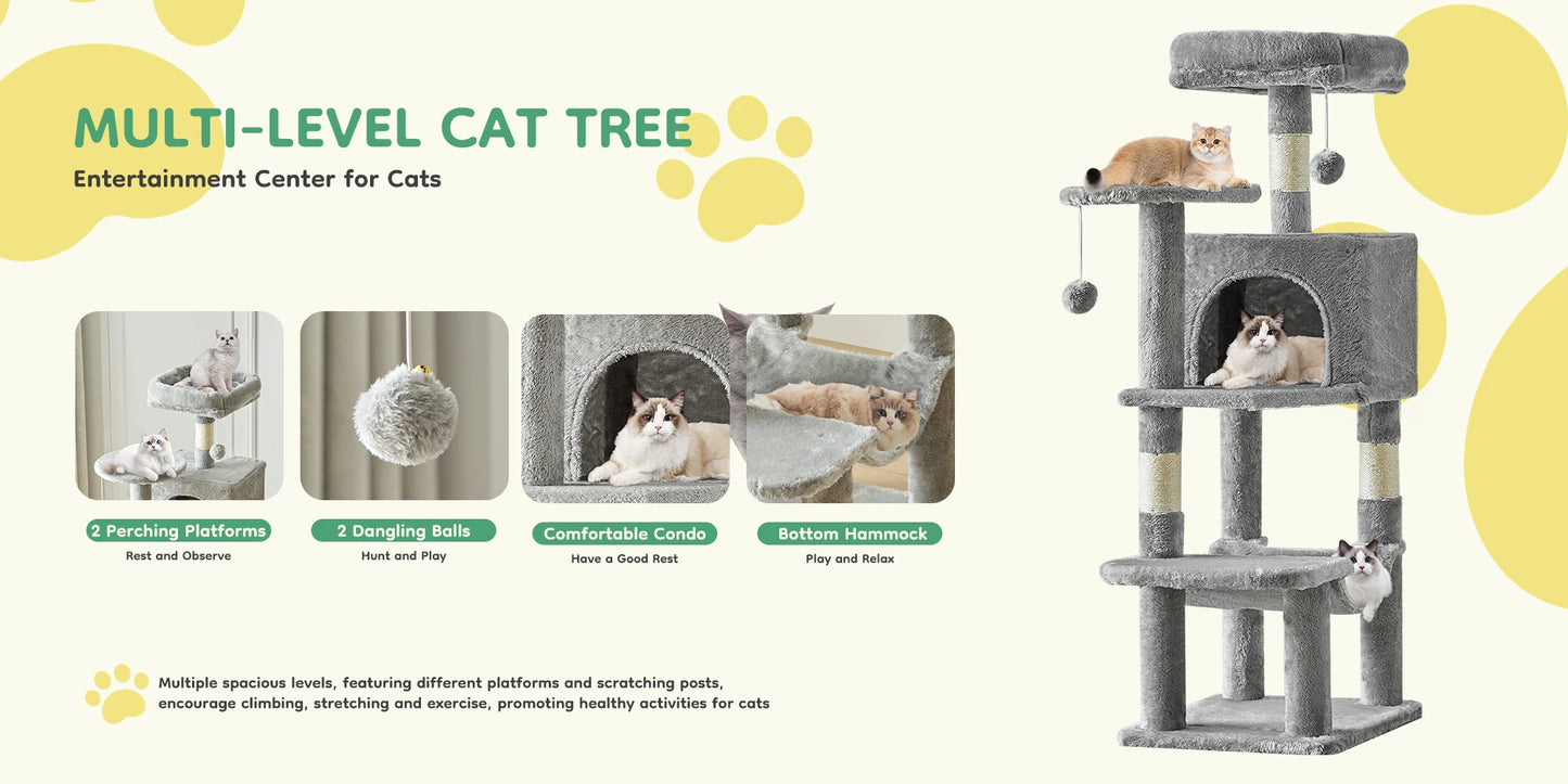 JHK Cat Tree Tall MultiCat Climbing Tower Natural Sisal Posts