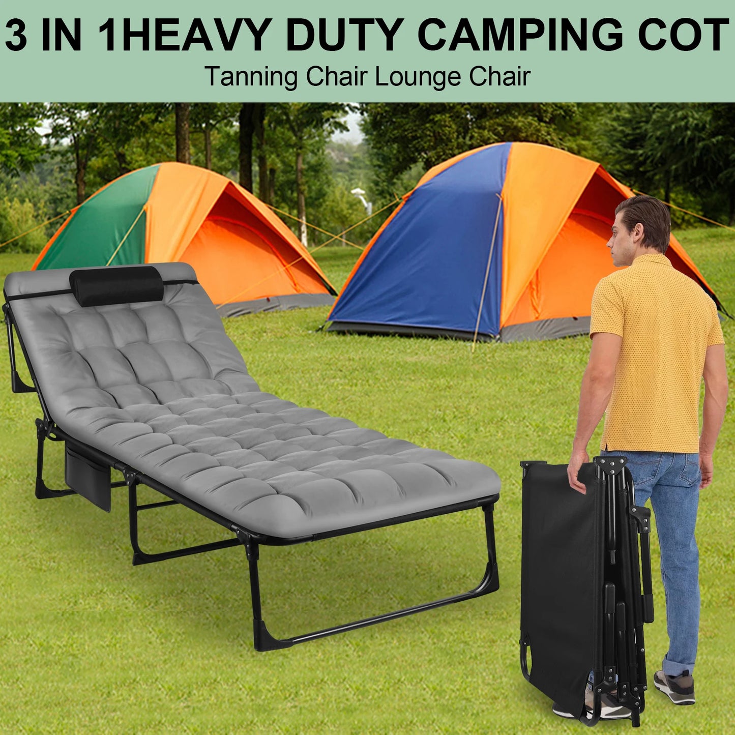 Portable Folding Camping Cot With 3-Position Adjustable Recliner