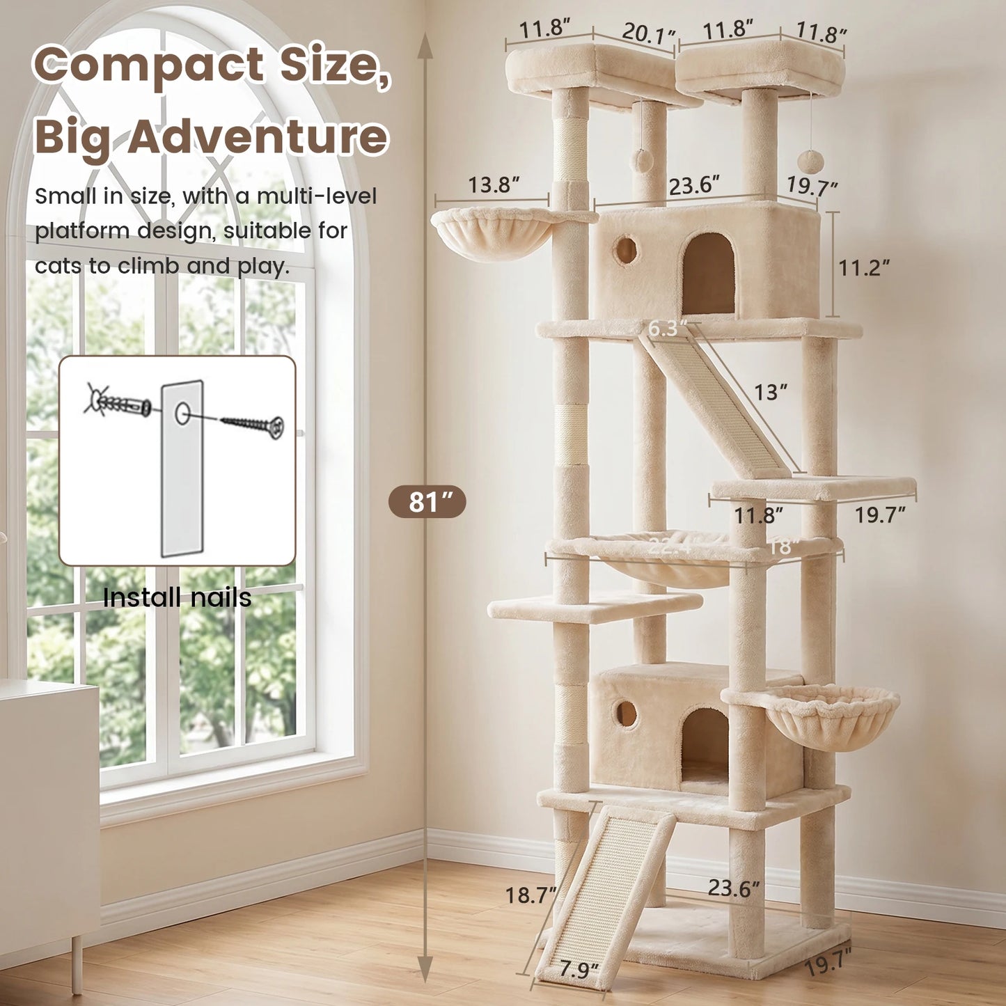 Cat Tower With Anti-Tip Base Hammock And Private Condos