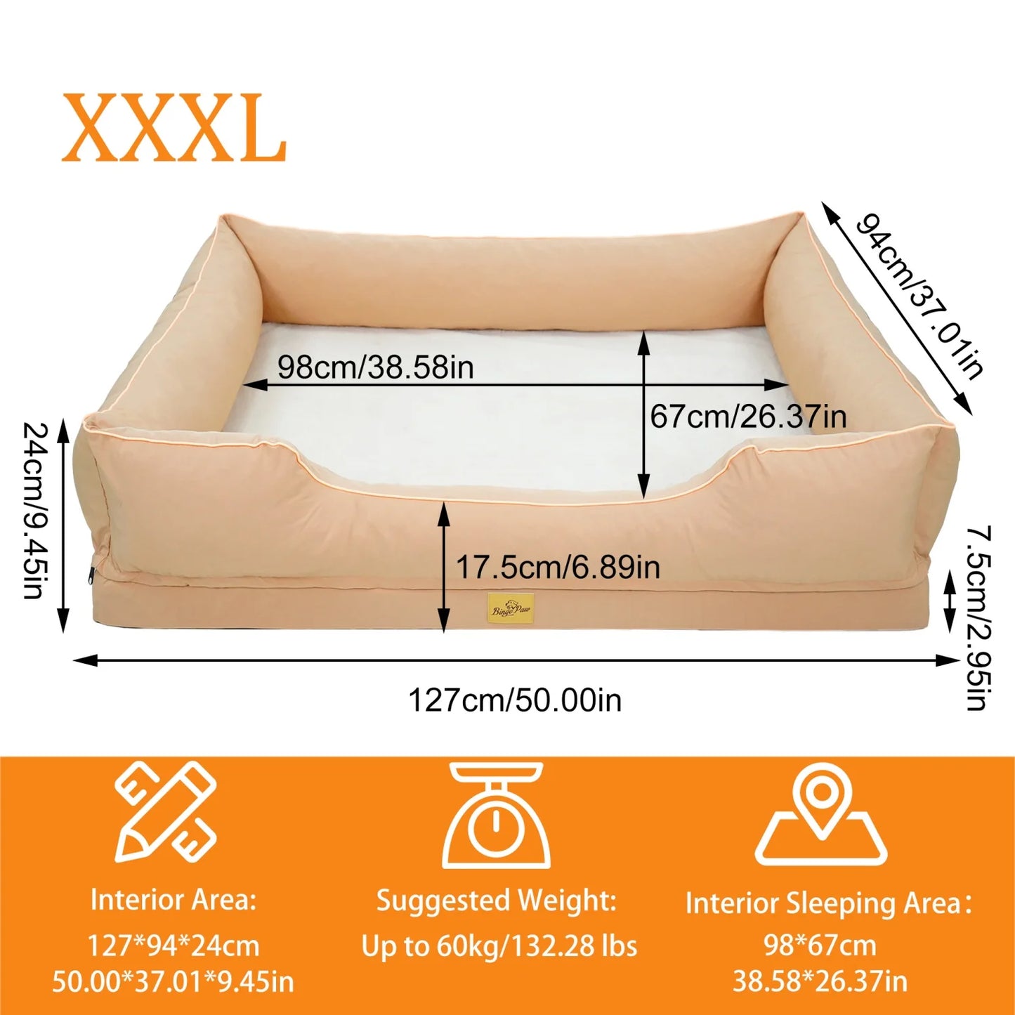 BINGOPAW Orthopedic Rectangular Dog Bed With Bolster Removable Cover