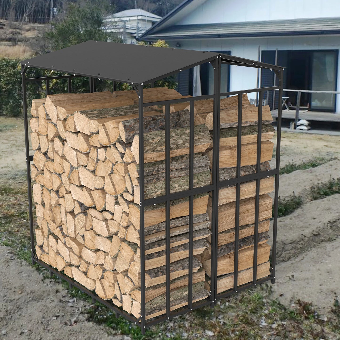 Outdoor Firewood Rack With Waterproof Cover Heavy Duty