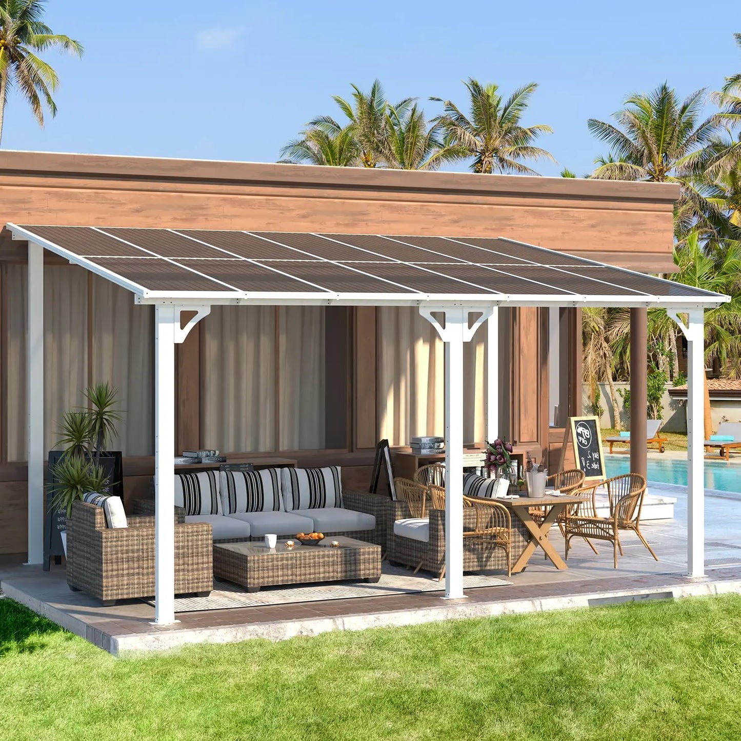 Hard Top Lean-To Gazebo Pergola With Wall-Mounted Roof