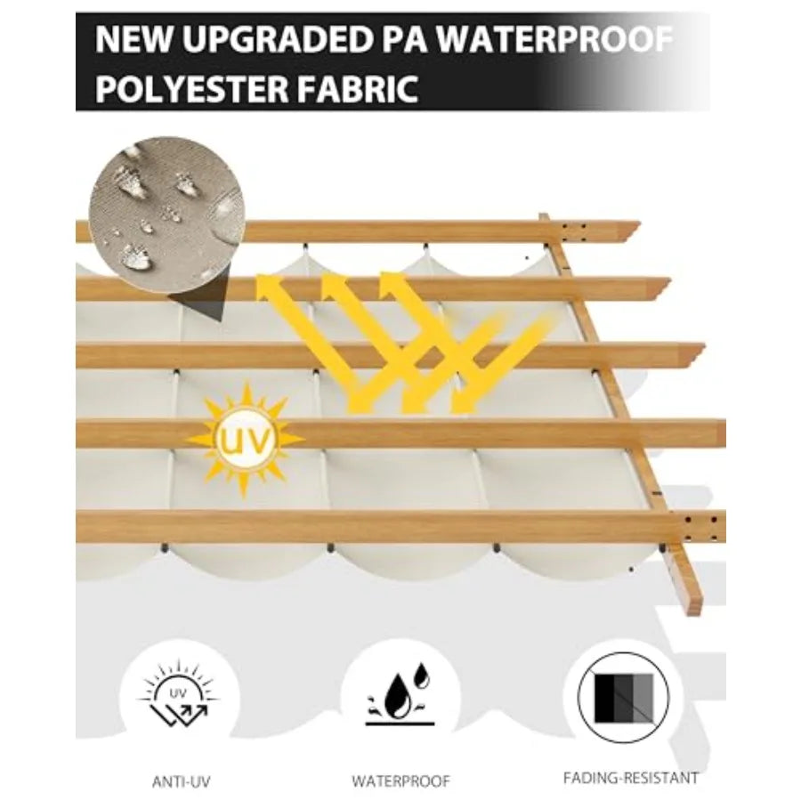 Retractable Outdoor Pergola With Canopy And Side Mesh, Wood-Grain Aluminum
