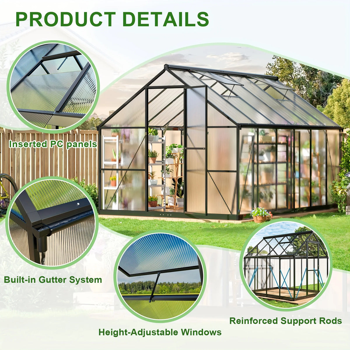 VIWAT Polycarbonate Walk In Greenhouse With Aluminum Frame