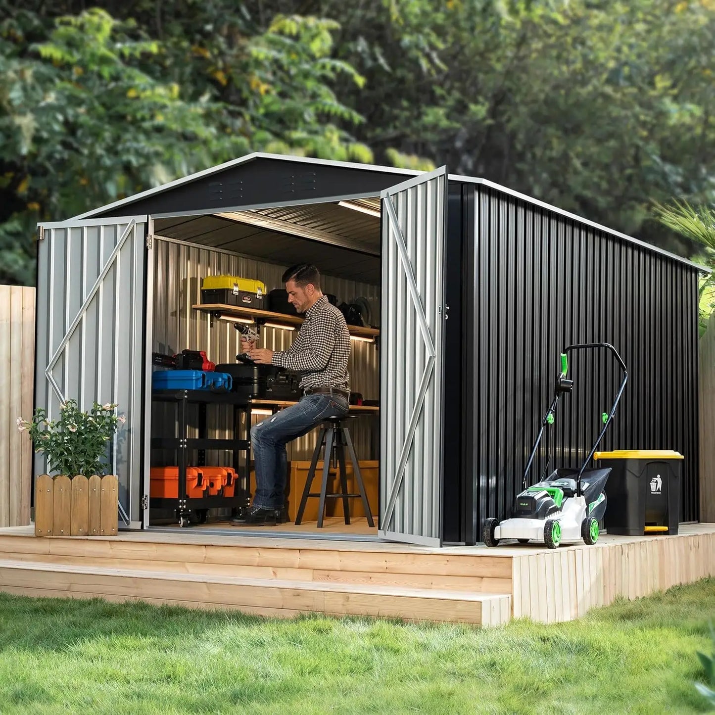 Outdoor Metal Storage Shed Waterproof With Reinforced Frame Backyard Use