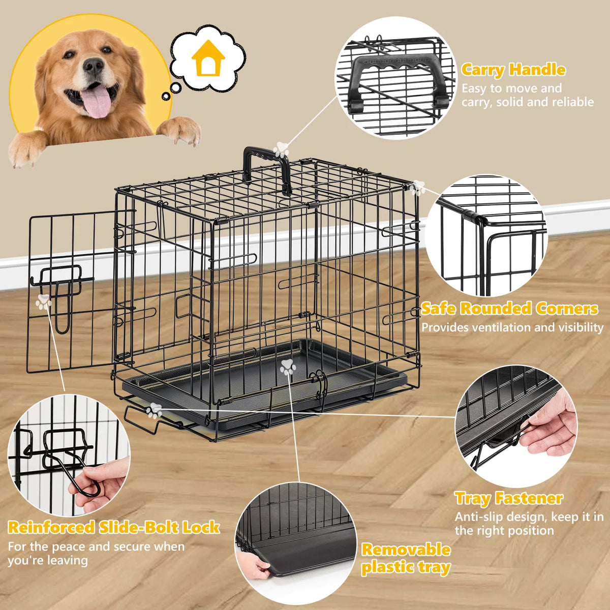 JHK Single Door Metal Dog Crate With Foldable Removable Tray