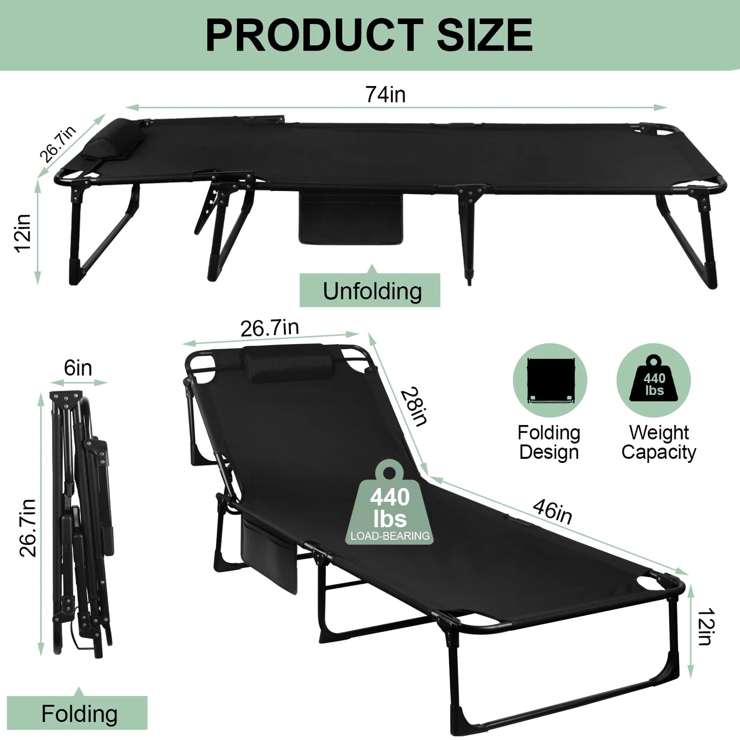 Portable Folding Camping Cot With 3-Position Adjustable Recliner