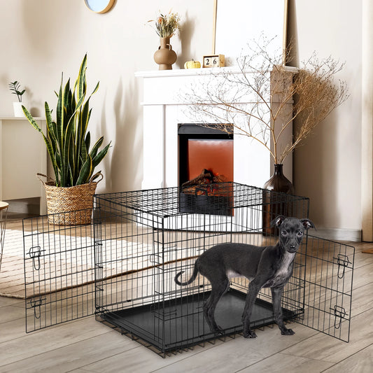 JHK Double Door Folding Metal Dog Cage With Durable Tray