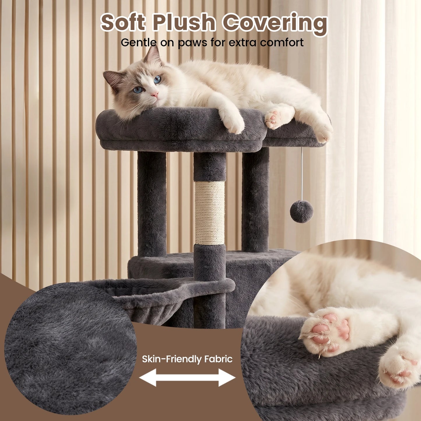 Cat Tower With Anti-Tip Base Hammock And Private Condos