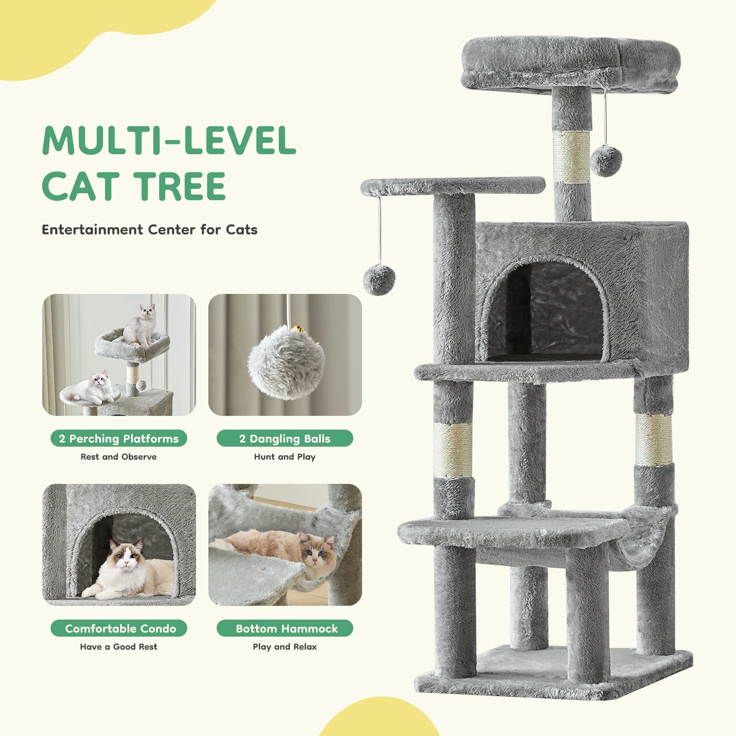 JHK Cat Tree Tall MultiCat Climbing Tower Natural Sisal Posts