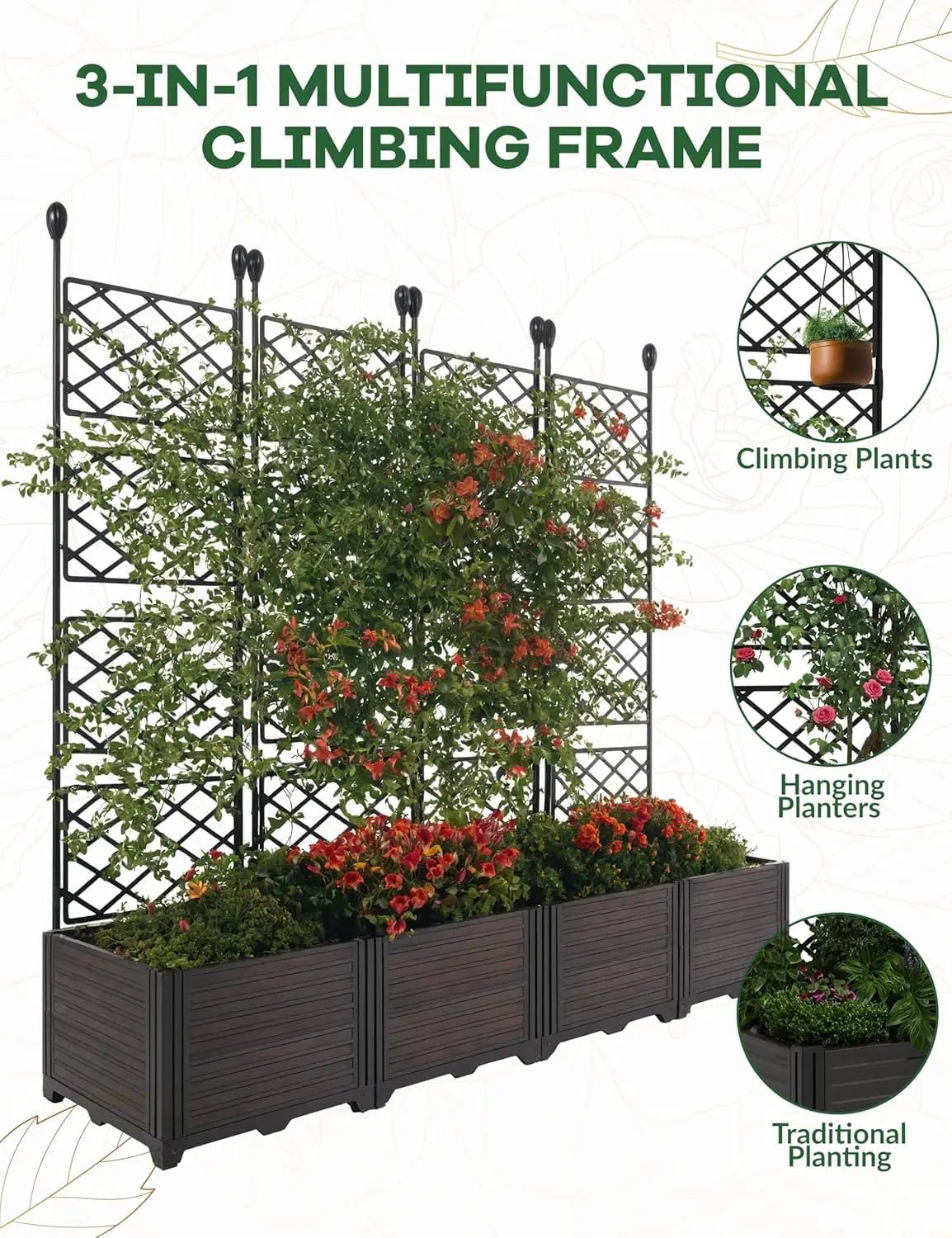 HiMISS Plastic Plant Box With Metal Trellis Garden Bed