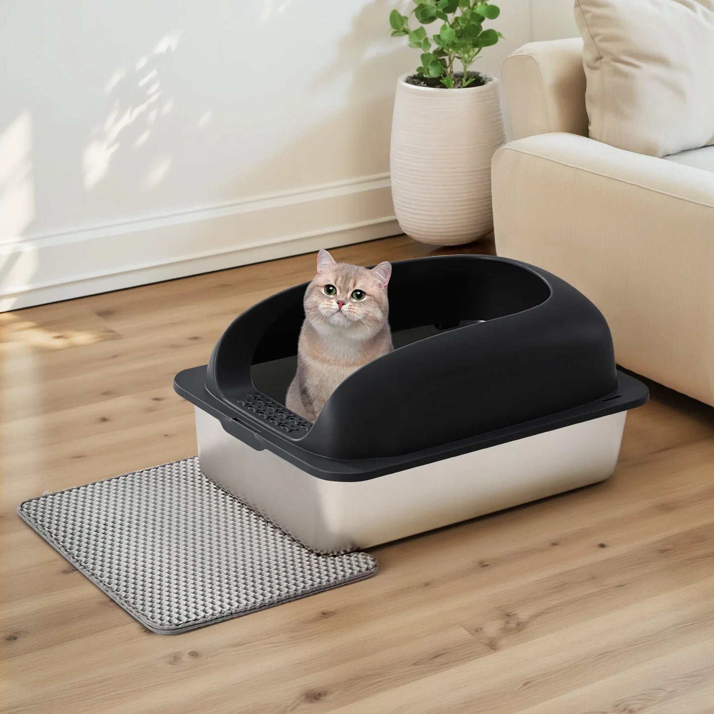 Stainless Steel Cat Litter Box With Lid Scoop And Mat
