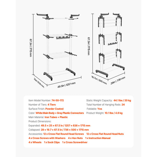 Foldable Clothes Drying Rack With Sock Clips Height Adjustable Iron