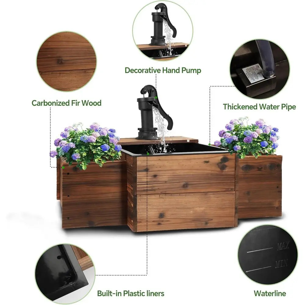 Outdoor Water Fountain With Flower Box Wooden Floor Pump