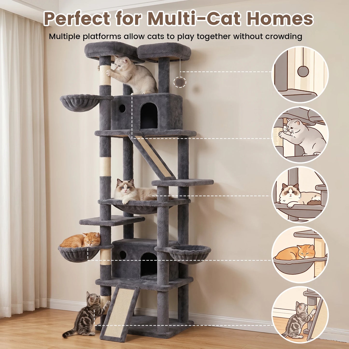 Cat Tower With Anti-Tip Base Hammock And Private Condos