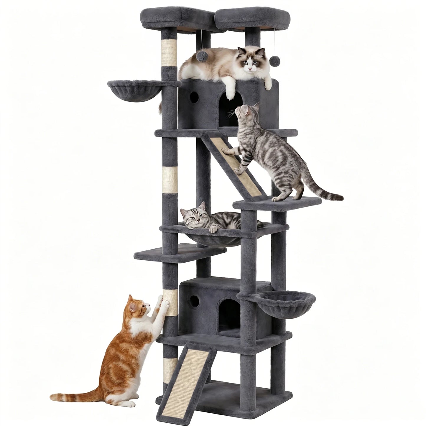 Cat Tower With Anti-Tip Base Hammock And Private Condos