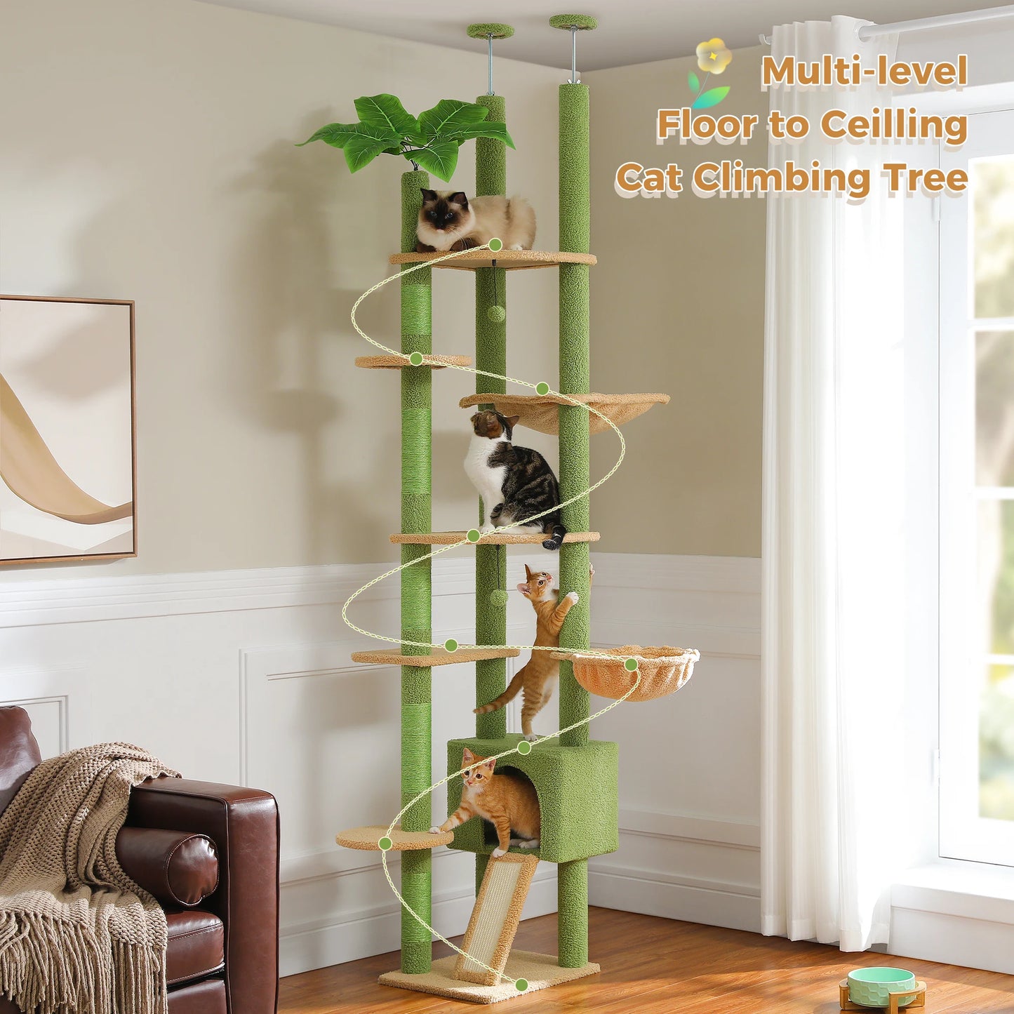 PETEPELA Floor To Ceiling Cat Tower With Adjustable Height Condo Hammock