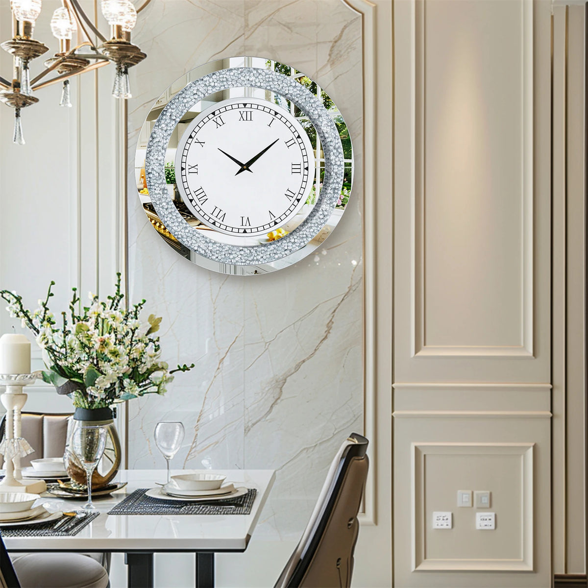 Sparkling Crystal Mirror Wall Clock With Alarm Function