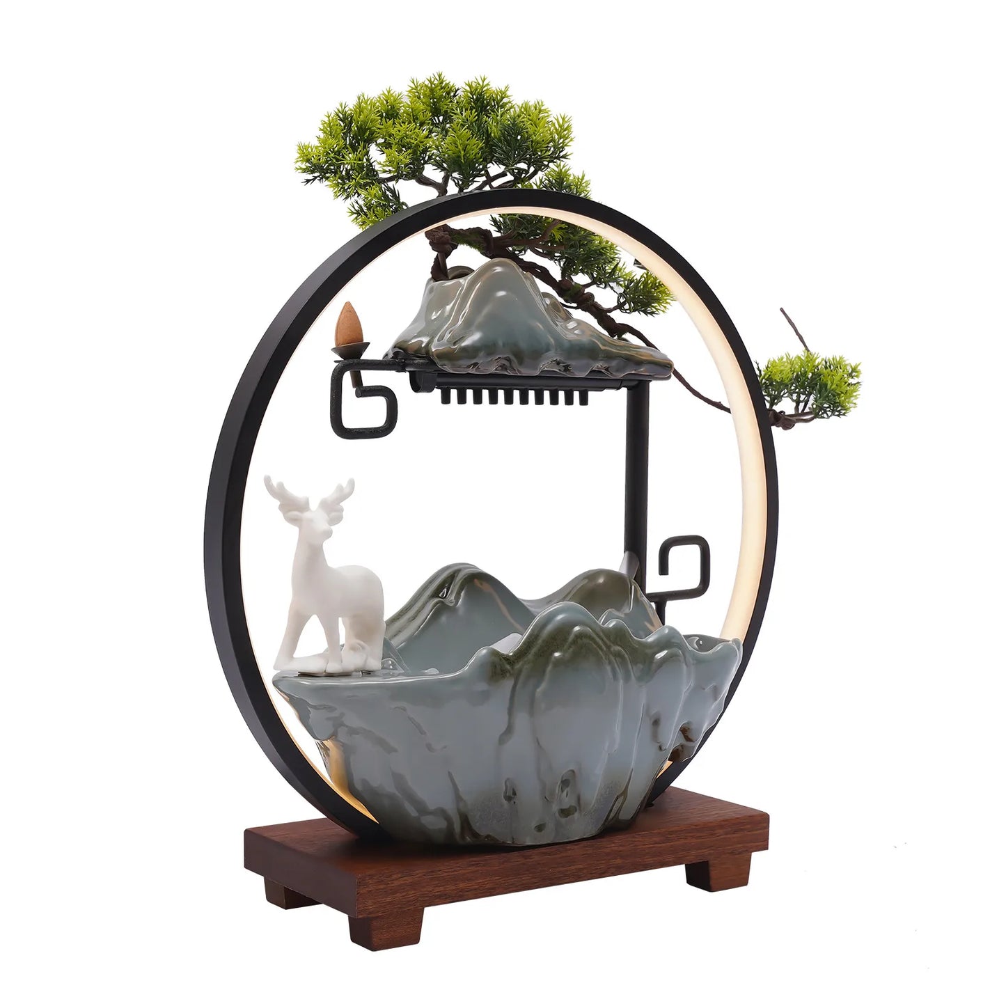 Ceramic Tabletop Fountain With Mist LED Deer Figurine Feng Shui
