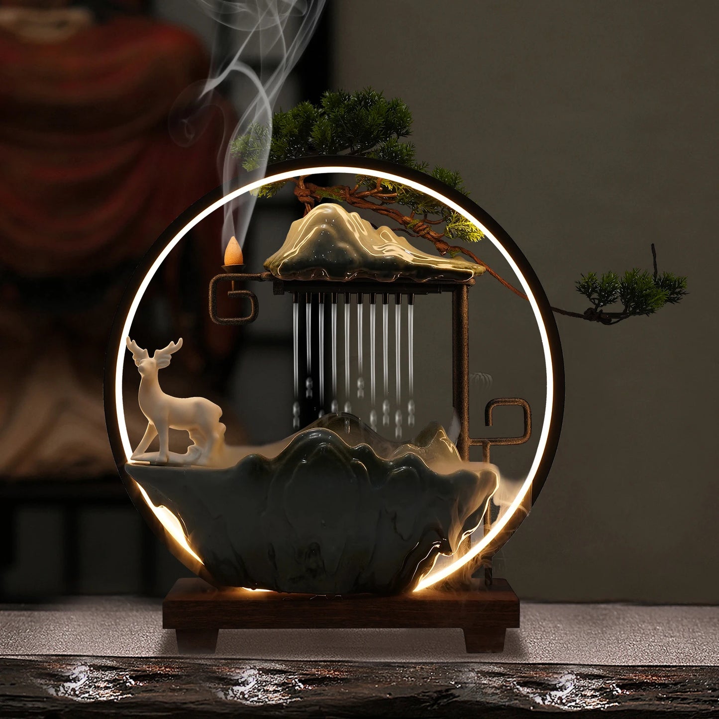 Ceramic Tabletop Fountain With Mist LED Deer Figurine Feng Shui